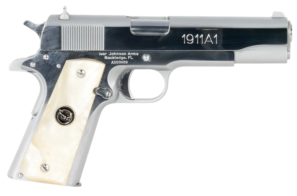 Iver Johnson Arms 1911A1 38 Super Pistol with Chrome Finish and Pearl Grips