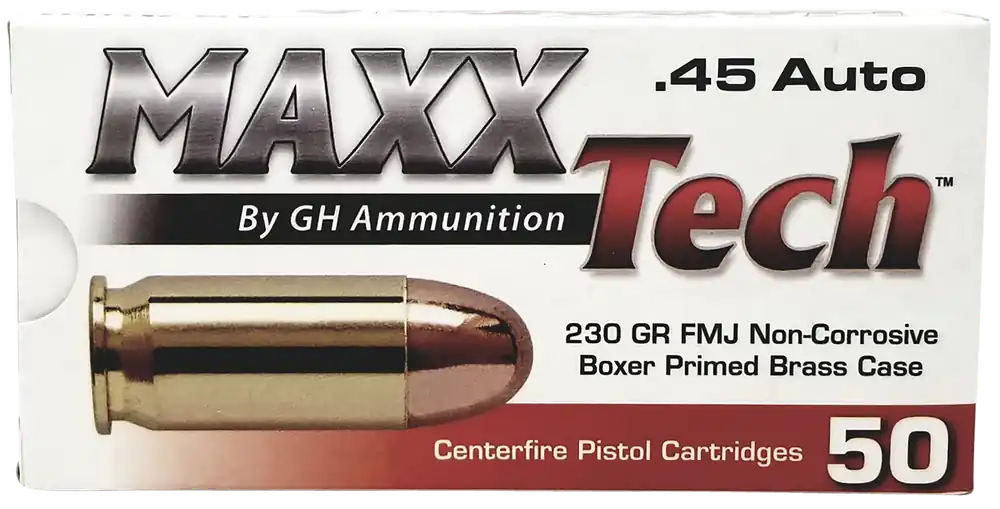 MaxxTech 45ACP 230gr FMJ Brass Pistol Ammo - 50 Rounds Per Box