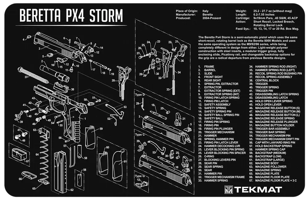 Beretta Px4 Storm Cleaning Mat - 11"x17" Rubber Diagram Mat in Black/White