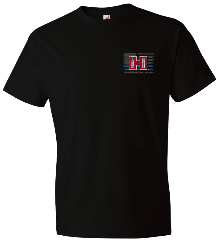 Hornady Gear 30761 POW Blue Line Black Cotton T-Shirt, Semi-Fitted Small