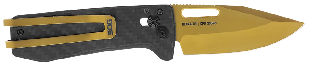 SOG Ultra XR Gold TiNi Folding Knife with Carbon Fiber Handle