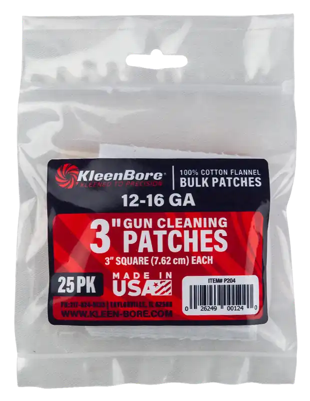 KleenBore P204 Super Shooter 12-16 Gauge Shotgun Cleaning Patches - 100% Cotton Flannel, Pack of 25