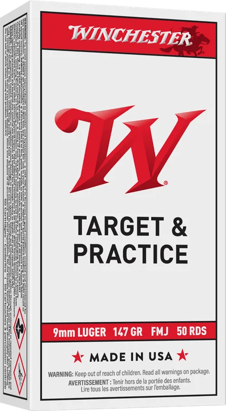 Winchester USA 9mm Luger 147gr FMJ Flat Nose Ammo - 50 Rounds