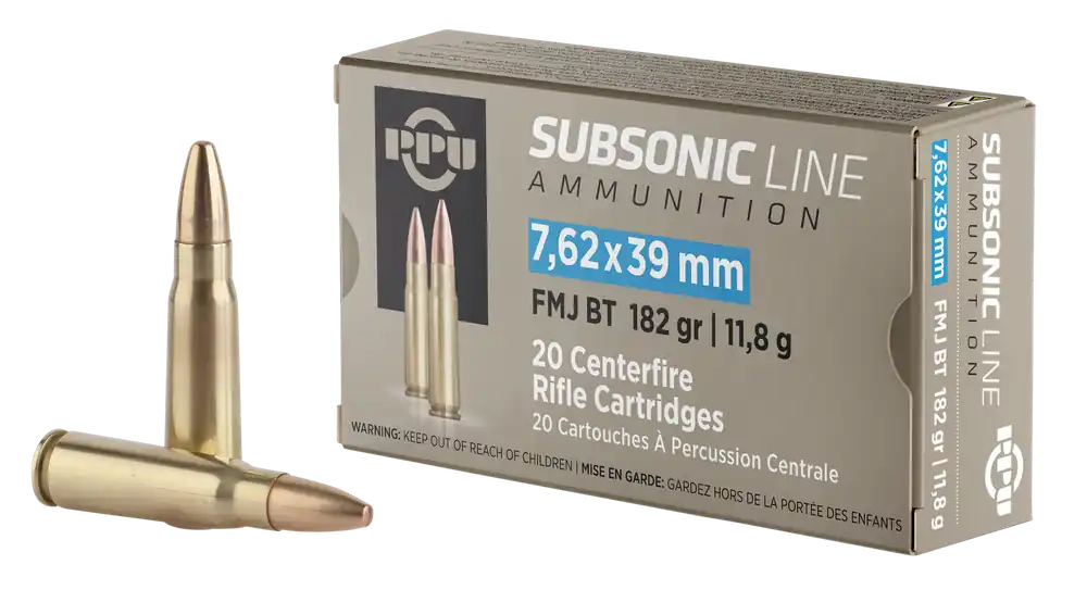 PPU PPS76239 Subsonic 7.62x39mm 182gr FMJ BT Ammo - 20/Box, 50/Case