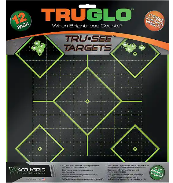 TruGlo TG14A12 Tru-See 5-Diamond Self-Adhesive Target Pack, 12"x12", Black/Green, 12 Count