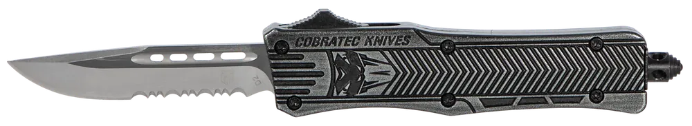 CobraTec CTK-1 Small OTF Knife with Serrated D2 Blade and Black Stonewashed Handle