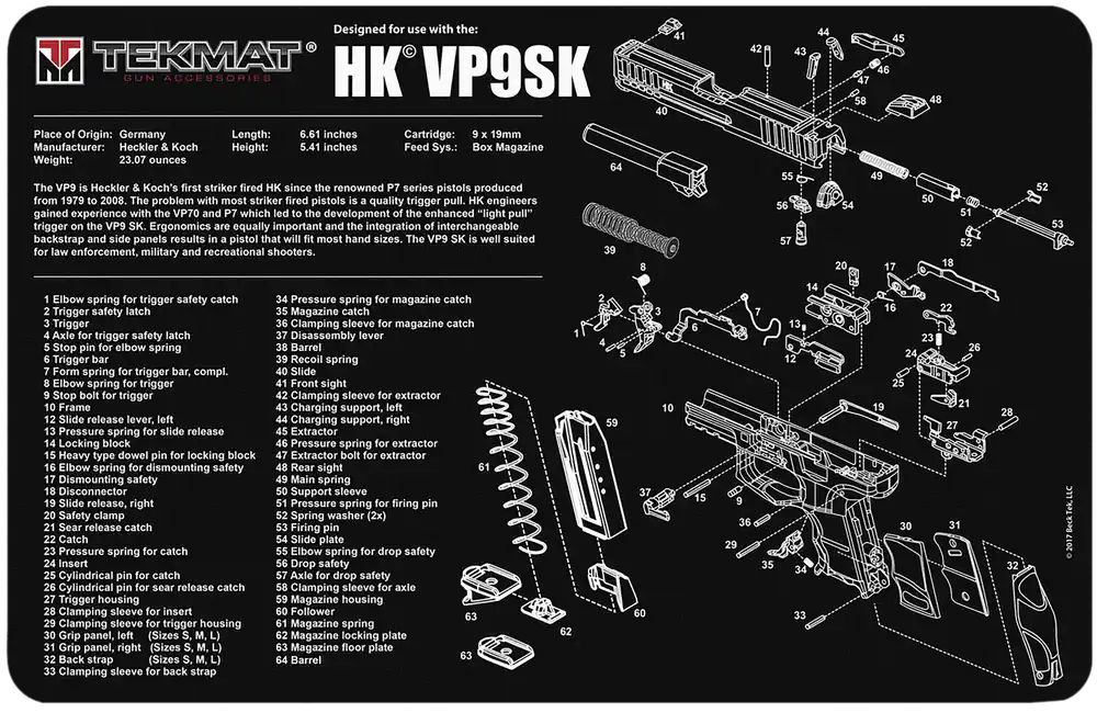 HK VP9SK Cleaning Mat with Parts Diagram - 11"x17" Black/White Rubber