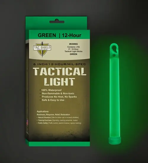 12-Hour Green Tactical Light Sticks, 6" - Pack of 10