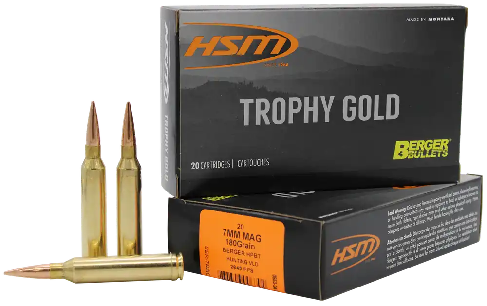 HSM 7mm Rem Mag 180gr Berger VLD Trophy Gold Ammo - 20 Rounds