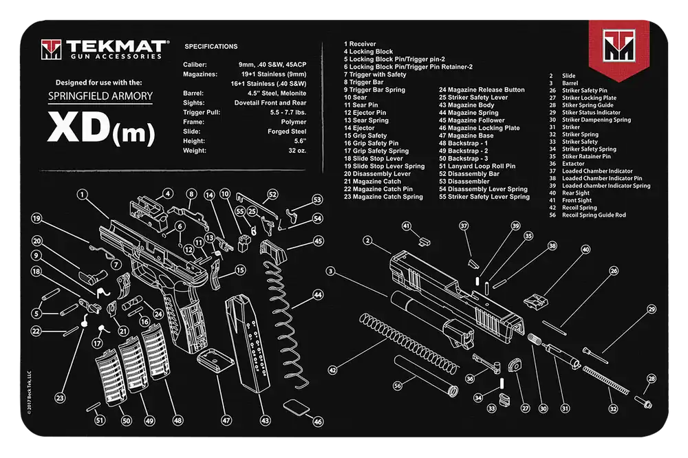 Springfield Armory XDm Cleaning Mat with Parts Diagram - 11"x17" Black/White Rubber