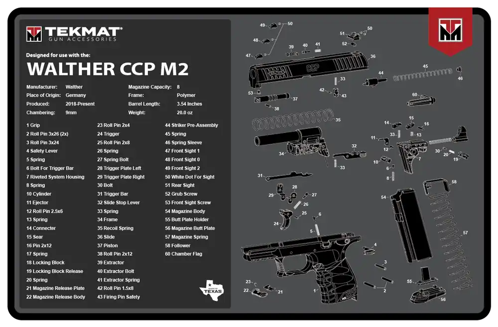 Walther CCP M2 Cleaning Mat with Parts Diagram - 11"x17" Black/White Rubber