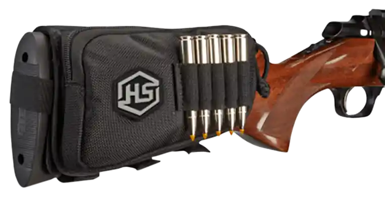 Buttstock Shell Holder with Pouch - Holds 5 Cartridges, Black Polyester