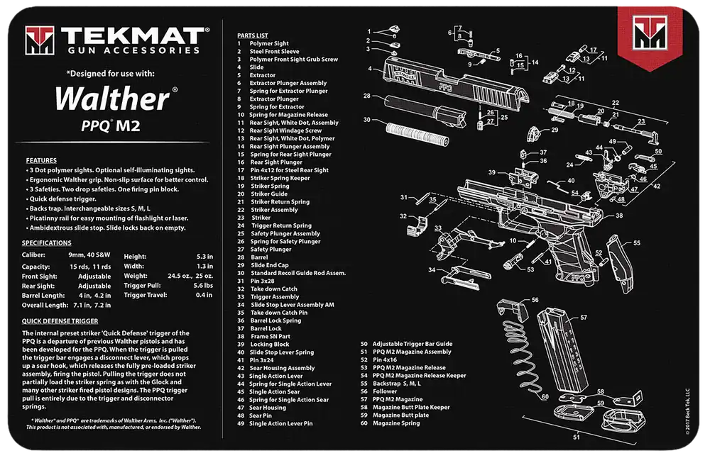 Walther PPQ MOD 2 Cleaning Mat with Parts Diagram - 11"x17" Black/White