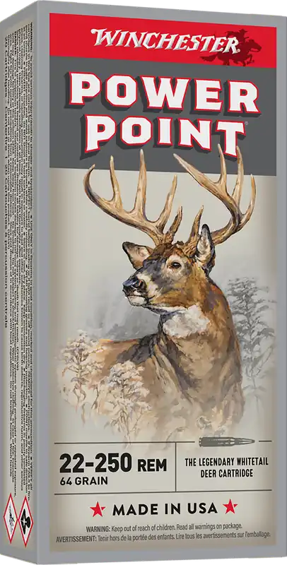 Winchester Ammo Power-Point 22-250 Rem 64gr, 20 Rounds per Box, 10 Boxes per Case
