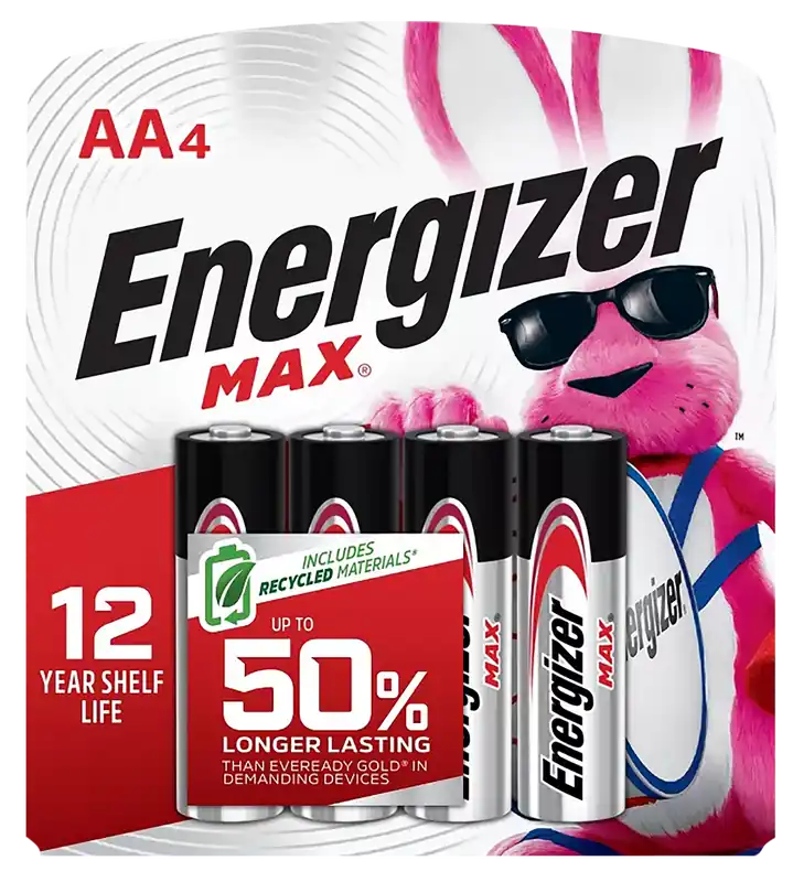 Energizer E91BP4 AA Max Alkaline Batteries, 1.5V, Pack of 4
