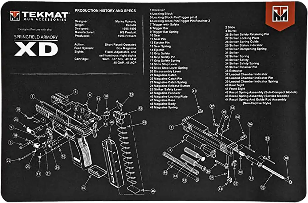 Springfield Armory XD Cleaning Mat with Parts Diagram - 11"x17" Rubber Mat in Black/White