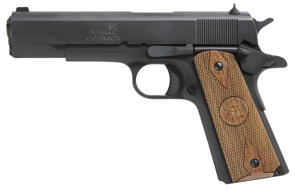 Iver Johnson 1911A1 9mm Pistol with Walnut Grip and Matte Black Finish