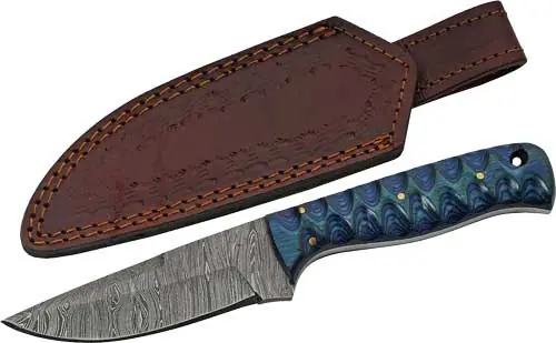 Damascus Wood Hunter with Sheath - Rite Edge 4" Blue Twisted Blade