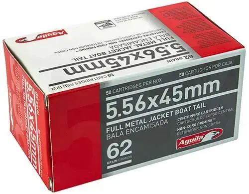 Aguila 1E556110 Rifle 5.56x45mm NATO 62 gr Full Metal Jacket Boat Tail (FMJBT) 50 Round Box