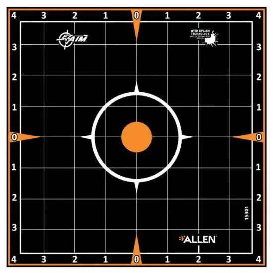 Allen 15301 EZ Aim Splash Self-Adhesive Paper 8" x 8" Sight-In Grid Black Target Paper w/Black Target & Orange Accents 6 Per Pack