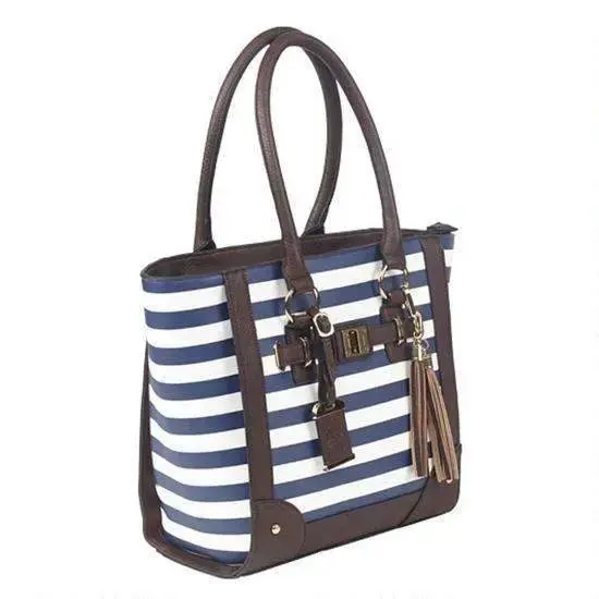 Bulldog BDP050 Tote Purse w/Holster Navy Stripe Leather Most Sm Pistols & Revolvers Right Hand