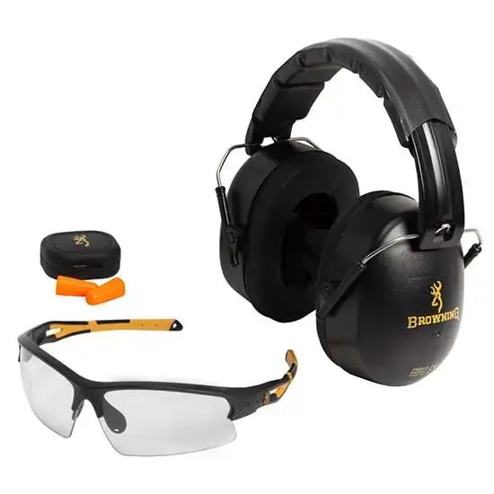 Browning 126368 Range Kit Plastic 27/31 dB Over the Head Black Ear Cups w/Black Band & Yellow Buckmark Logo Muffs, Orange Lens w/Black Frame Glasses, Orange Ear Buds