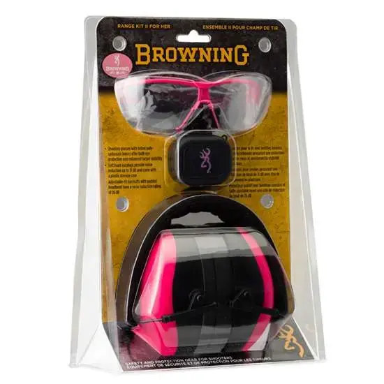 Browning 126373 Range Kit For Her Plastic 27/31 dB Over the Head Pink Ear Cups w/Black Band & Buckmark Logo Muffs, Smoke Lens w/Pink Frame Glasses, Orange Ear Buds