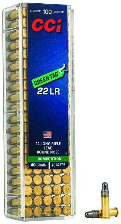 CCI 0033 Competition Green Tag 22 LR 40 gr Lead Round Nose (LRN) 100 Round Box
