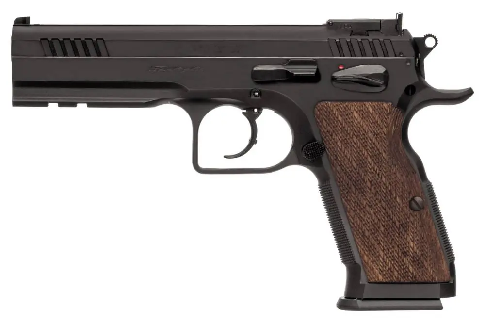 EAA 600575 Witness Elite Stock 3 38 Super Single/Double 4.75" 17+1 Checkered Walnut Grip Competition Frame Blued Slide