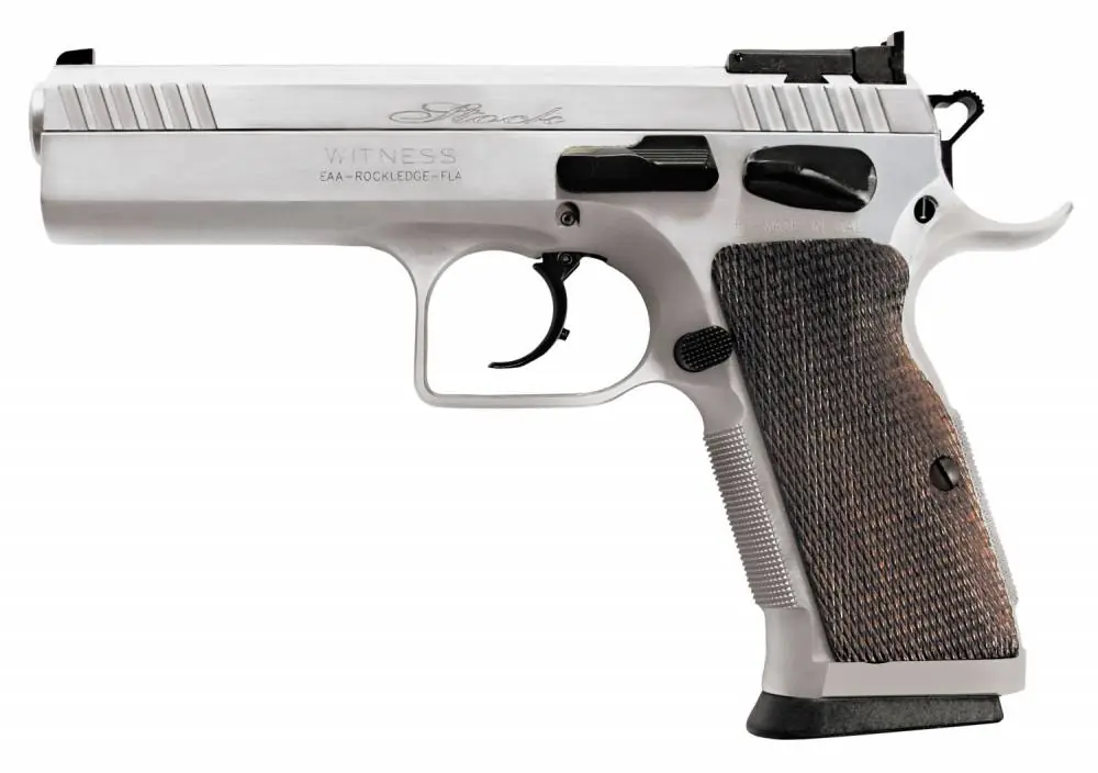 EAA 600617 Witness Elite Stock 2 38 Super Single/Double 4.50" 17+1 Checkered Walnut Grip Chrome Competition Frame Chrome Slide