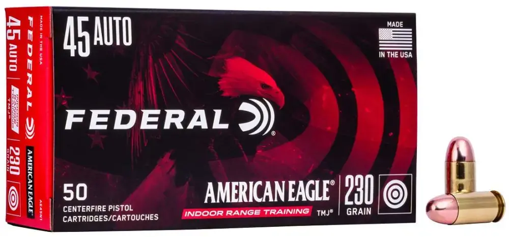 Federal AE45N1 American Eagle Indoor Range Training (IRT) 45 ACP 230 gr Total Metal Jacket (TMJ) 50 Round Box