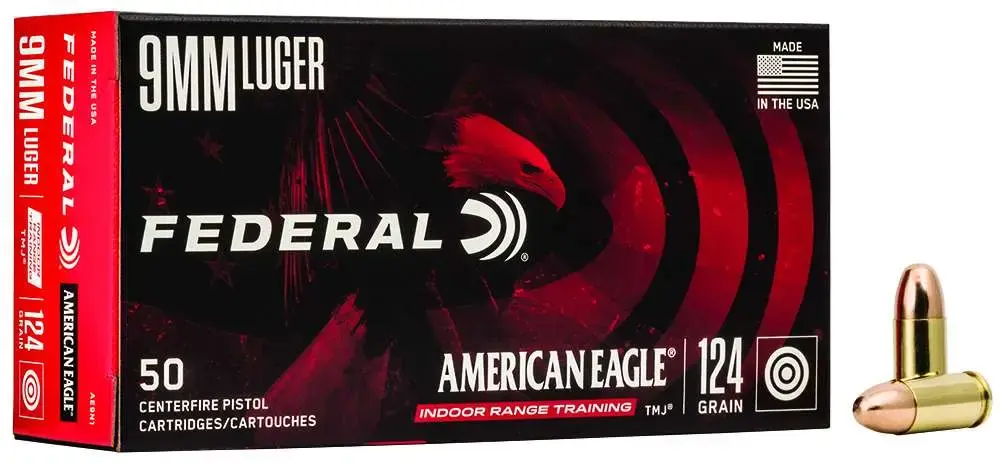 Federal AE9N1 American Eagle Indoor Range Training (IRT) 9mm Luger 124 gr Total Metal Jacket (TMJ) 50 Round Box