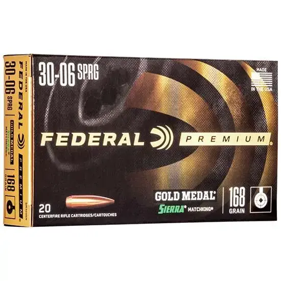 Federal GM3006M Gold Medal 30-06 Springfield 168 gr Sierra MatchKing Boat-Tail Hollow Point (BTHP) 20 Round Box