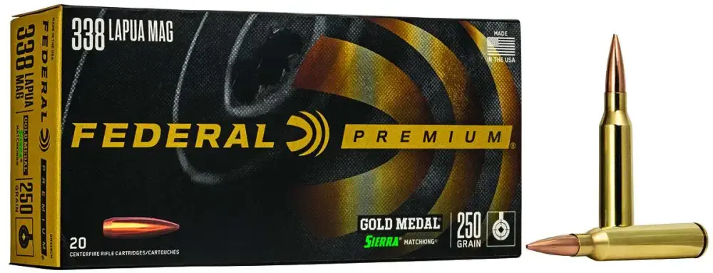 Federal GM338LM Gold Medal 338 Lapua Mag 250 gr Sierra MatchKing Boat-Tail Hollow Point (BTHP) 20 Round Box