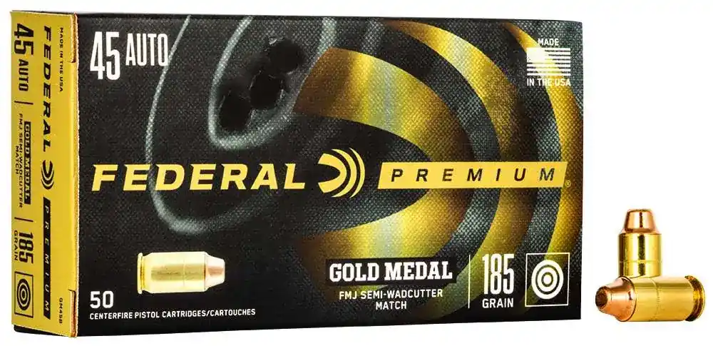 Federal GM45B Gold Medal 45 ACP 185 gr Full Metal Jacket Semi-Wadcutter (FMJSW) 50 Round Box