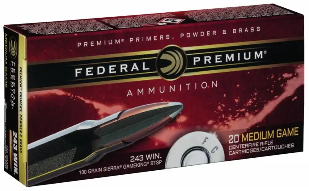 Federal P243C Premium 243 Win 100 gr Sierra GameKing Boat-Tail Soft Point (BTSP) 20 Round Box