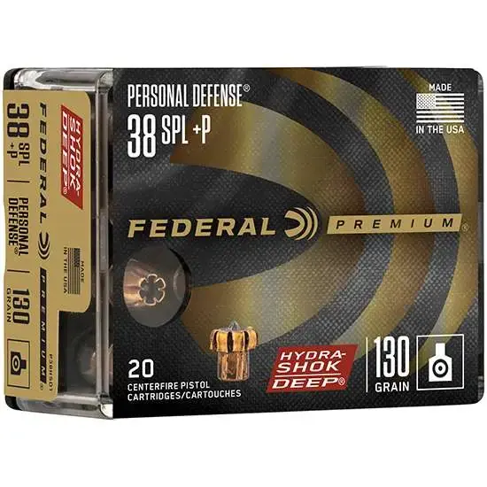 Federal P38HSD1 Premium Personal Defense 38 Spl + P 130 gr Hydra-Shok Deep Hollow Point 20 Round Box