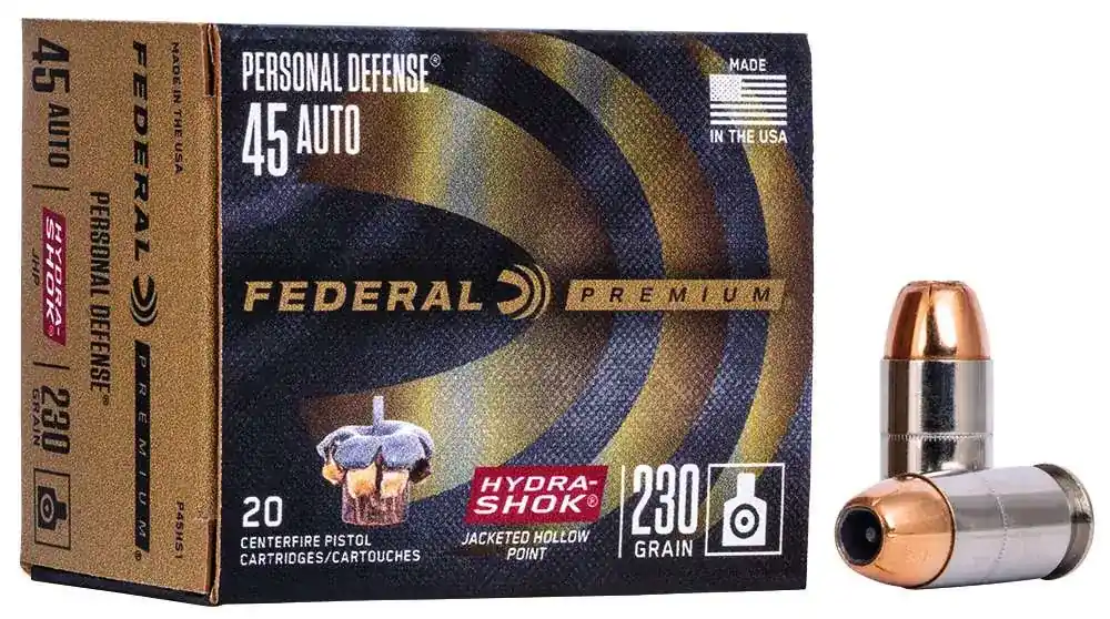 Federal P45HS1 Premium Personal Defense 45 ACP 230 gr Hydra-Shok Jacketed Hollow Point 20 Round Box