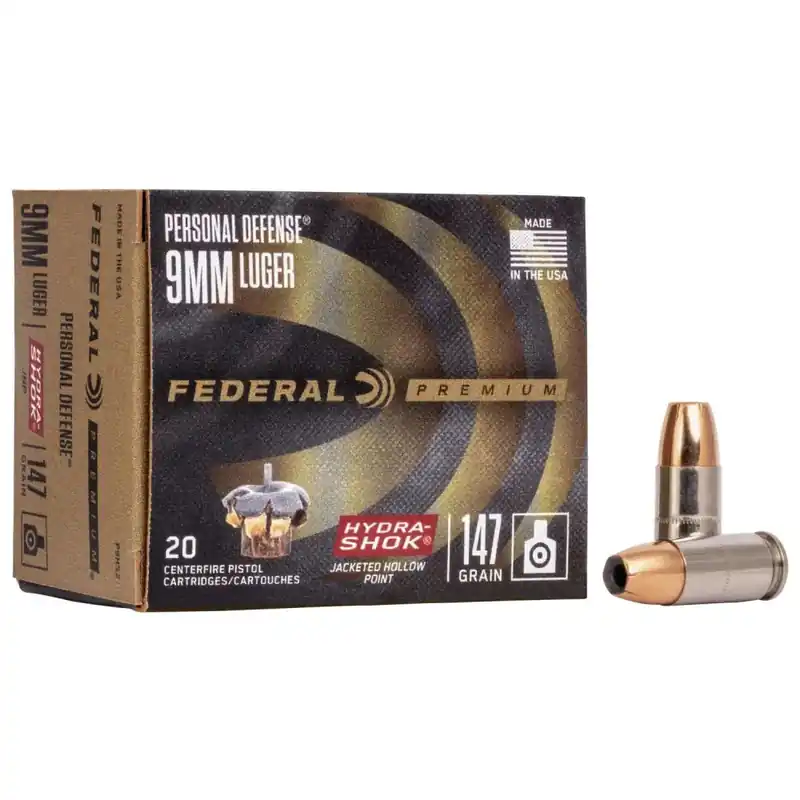 Federal P9HS2 Premium Personal Defense 9mm Luger 147 gr Hydra-Shok Jacketed Hollow Point 20 Round Box