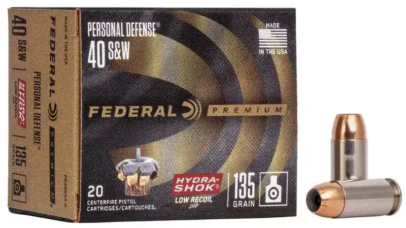 Federal PD40HS4H Premium Personal Defense Low Recoil 40 S&W 135 gr Hydra-Shok Jacketed Hollow Point 20 Round Box