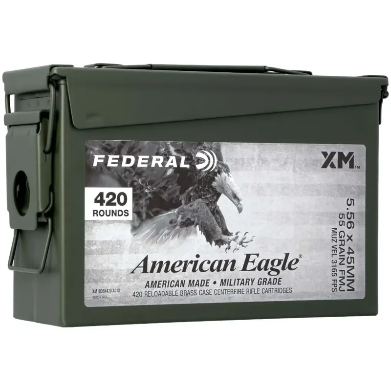 Federal XM193BK420AC1X American Eagle 5.56x45mm NATO 55 gr Full Metal Jacket Boat Tail (FMJBT) 420 Round Box (Sold in Can)