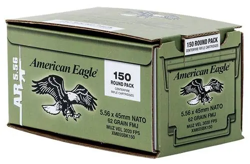 Federal XM855BK150 American Eagle XM 5.56x45mm NATO 62 gr Full Metal Jacket Boat Tail (FMJBT) 150 Round Box