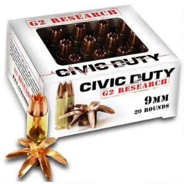 G2 Research CIVIC 9MM Civic Duty 9mm Luger 96 gr Copper Expansion Projectile 20 Round Box
