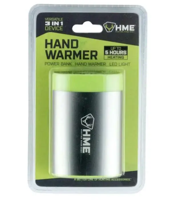 HME HW Hand Warmer with Light ABS Plastic Sliver w/Green Accent Rechargeable Lithium Ion
