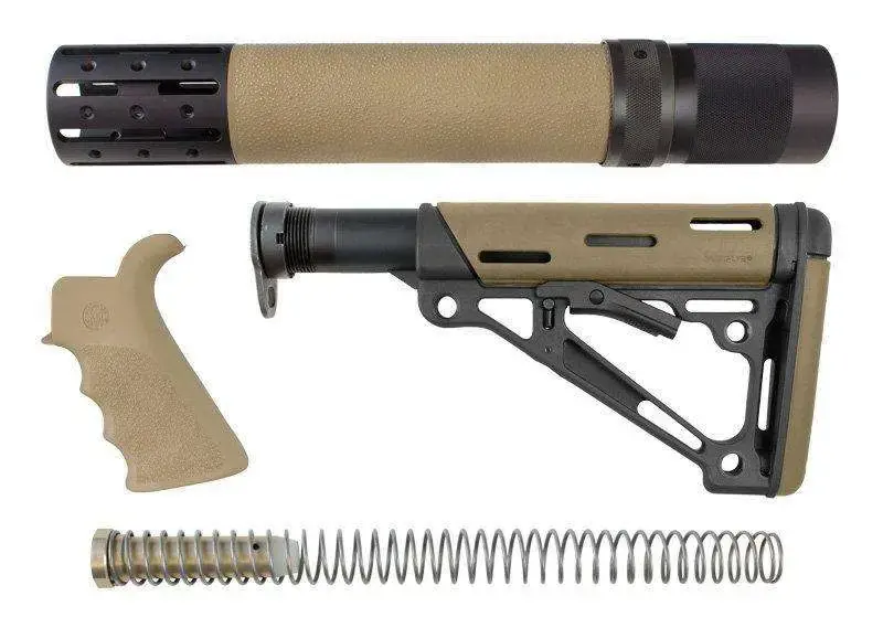 AR-15/M-16 Kit - Finger Groove Beavertail Grip, Rifle Length Forend with Accessories and OverMolded Collapsible Buttstock - Includes Mil-Spec Buffer Tube and Hardware - Flat Dark Earth