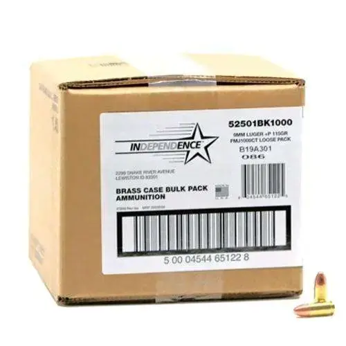 INDEPENDENCE 9MM LUGER +P 115GR FMJ BRASS AMMO 1000RD BULK