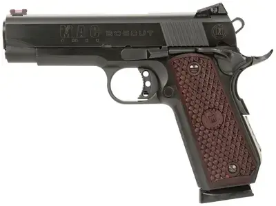 MAC M19BC45BC 1911 Bobcut 45 ACP 4.25" 8+1 Black Chrome Hardwood w/MAC Logo Grip