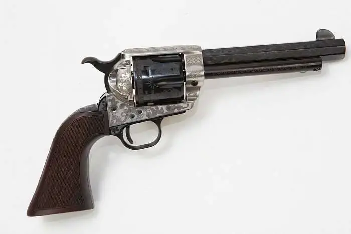 Pietta GW45ALO512NMCW 1873 GW2 Deluxe Alchimista III 45 Colt (LC) 6 Round 5.50" Blued Engraved Walnut Army Checkered Grip