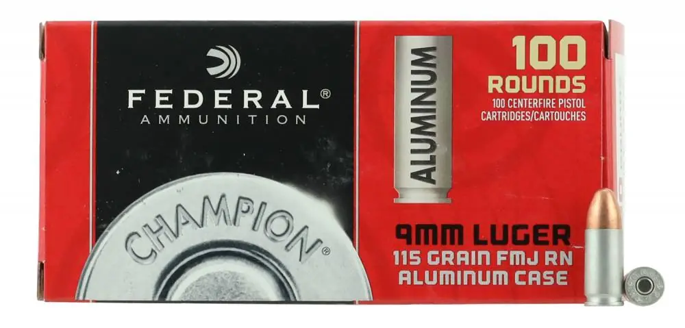 Federal CAL9115100 Champion 9mm Luger 115 gr Full Metal Jacket (FMJ) 100 Round Box