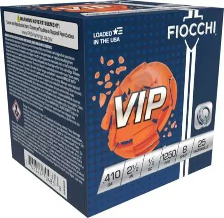 FIOCCHI EXACTA TARGET VIP AMO 410GA 2.5 IN 1/2 OZ #8 1250FPS 25-RD ( 10 BOXES PER CASE )